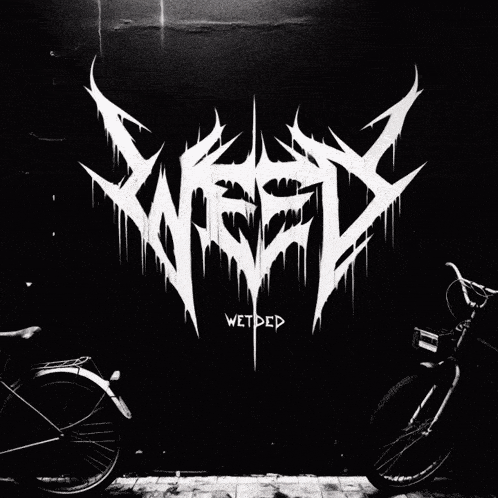 two bicycles are parked in front of a black wall with a white logo that says wetped
