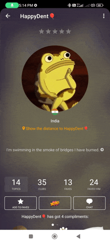 a phone screen shows a frog with the name happy dent