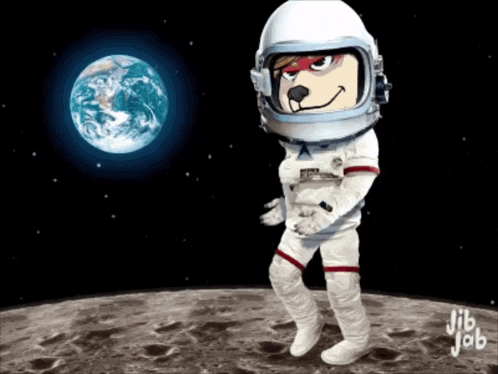 a cartoon of an astronaut standing on the moon with jib job written below him