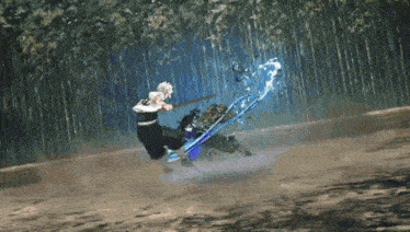 a man is fighting another man with a sword and water coming out of his sword .
