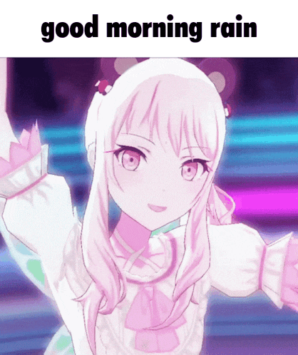 a picture of a girl with the words " good morning rain " below her