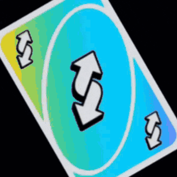 a blue and yellow uno card with arrows on it