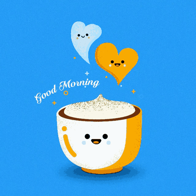 a cup of coffee with two hearts and the words good morning