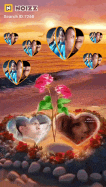 a picture of a man and a woman in heart shaped frames on a beach