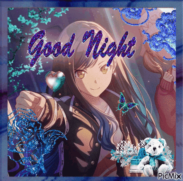 a picture of a girl with the words " good night " written on it