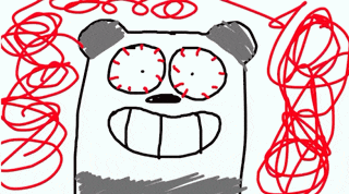 a drawing of a panda bear with red eyes and a smile