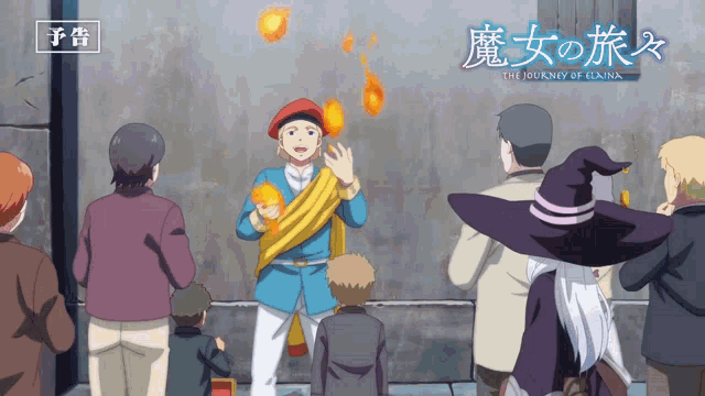a poster for the journey of elaina shows a man holding a torch