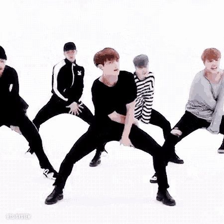 a group of men are dancing together on a white background .