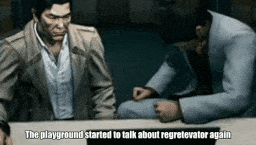 two men are sitting at a table and talking to each other in a video game .