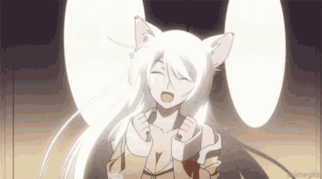 a girl with white hair and cat ears is standing in front of a white light .