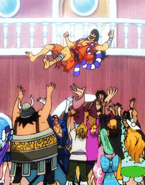 a group of people are watching a cartoon where a man is flying through the air