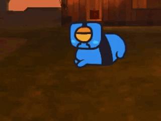 a blue and yellow cartoon character is standing in front of a building .