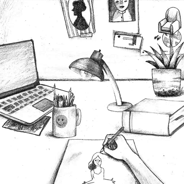 a black and white drawing of a person drawing a picture