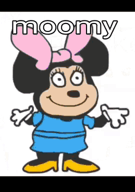 a cartoon of minnie mouse wearing a blue dress and gloves