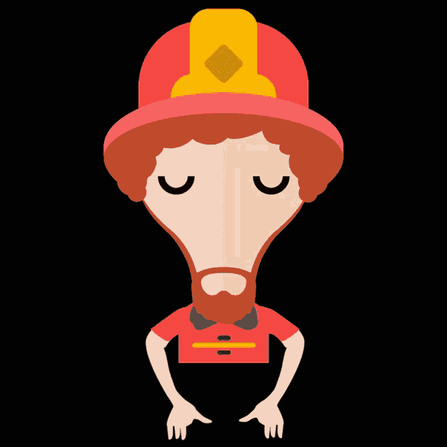 a fireman with his eyes closed wearing a red shirt and a red hat