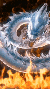 a blue and white dragon is surrounded by flames and water .