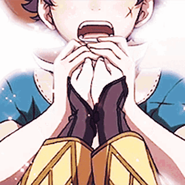 a drawing of a person with their mouth open and their hands folded