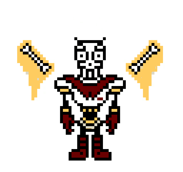a pixel art of papyrus from undertale with two bones coming out of his chest .