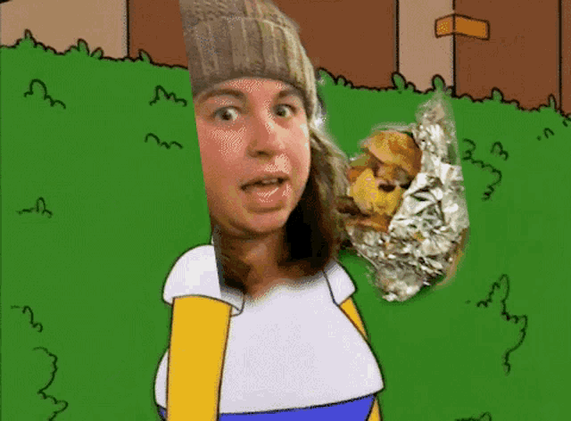 a cartoon of a woman holding a bag of food in front of a green background