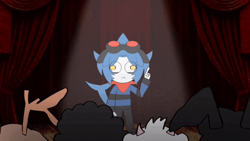 a cartoon character with a goggles on stands in front of a red curtain