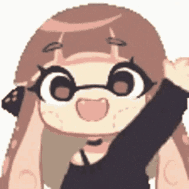 a pixel art drawing of a girl wearing glasses and a black shirt waving her hand .