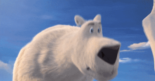 a polar bear with blue eyes looks at the camera with a blue sky in the background
