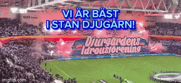a soccer field with a banner that says vi ar bast i stan djugarn