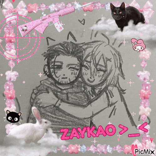 a drawing of a man and woman hugging with the name zaykao on the bottom right
