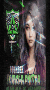 a woman with purple hair is standing in front of a circle united logo