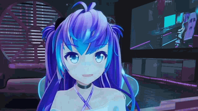 a girl with purple hair has a lanyard around her neck that says ' tokyo girls ' on it