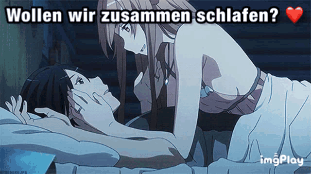 a couple of anime characters laying in bed with the words " wollen wir zusammen schlafen " on the bottom