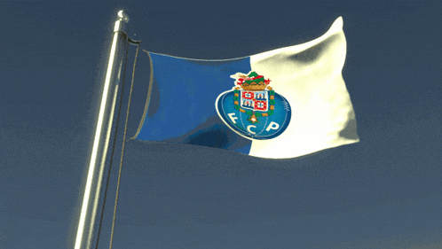 a blue and white flag with a crest and the letters fcp on it
