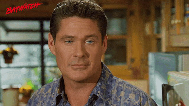 a man in a blue shirt stands in front of a sign that says baywatch