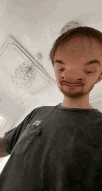 a man with a beard is wearing a grey shirt with the letter e on it