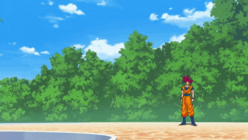 a cartoon character with red hair stands in front of trees