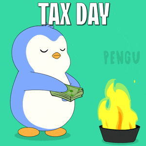a cartoon of a penguin holding a stack of money with the words tax day behind him