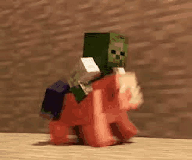 a minecraft zombie is riding on the back of a pink horse .