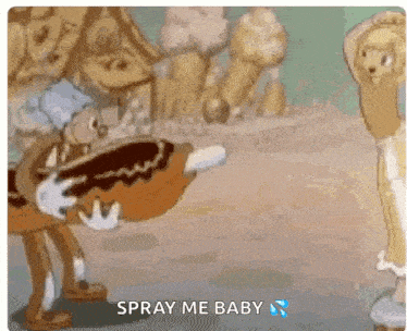 a cartoon character is holding a doughnut and says spray me baby .