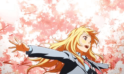 a girl with long blonde hair is standing in front of a cherry blossom tree with her arms outstretched