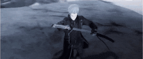 a man in a black coat is holding a sword in a video game .