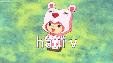 a cartoon character is wearing a pink bear costume and the words haiii v are below him