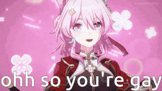 a pink haired anime girl with the words ohh so you 're gay