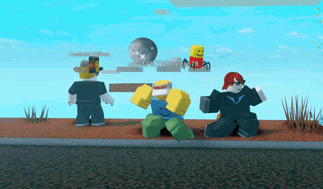 a group of roblox characters are playing a game and one of them is wearing a hat that says roblox