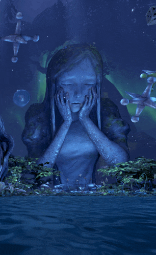 a statue of a woman with her eyes closed is surrounded by water