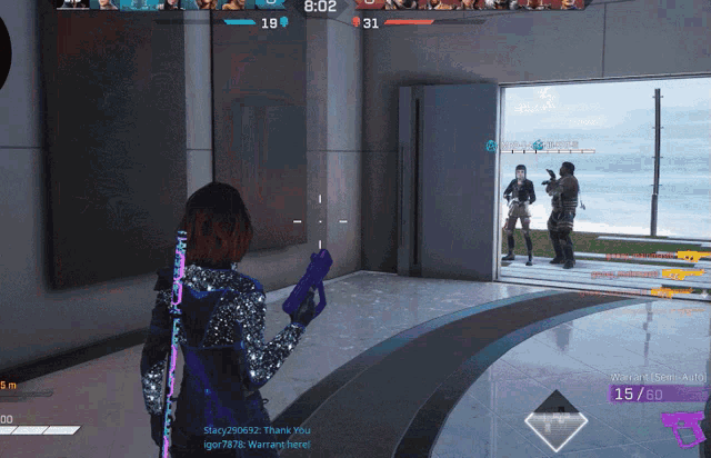 a screenshot of a video game shows a woman holding a gun and a man standing behind her