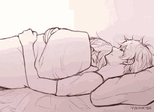 a drawing of a man and a woman sleeping with the name yukinayee on the bottom right
