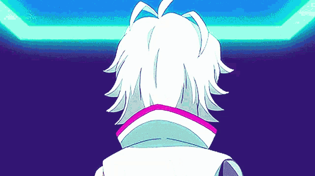 a cartoon character with white hair is standing in front of a blue light .