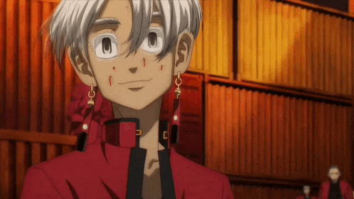 a cartoon character wearing a red jacket and earrings looks at the camera