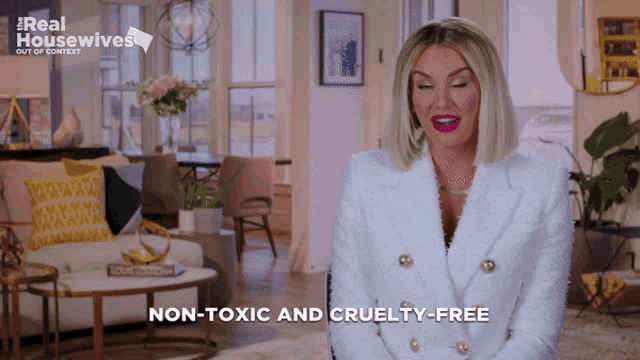 a woman says non-toxic and cruelty-free in a living room