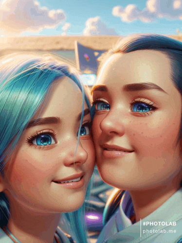 a painting of two girls with blue hair and the words photolab on the bottom right